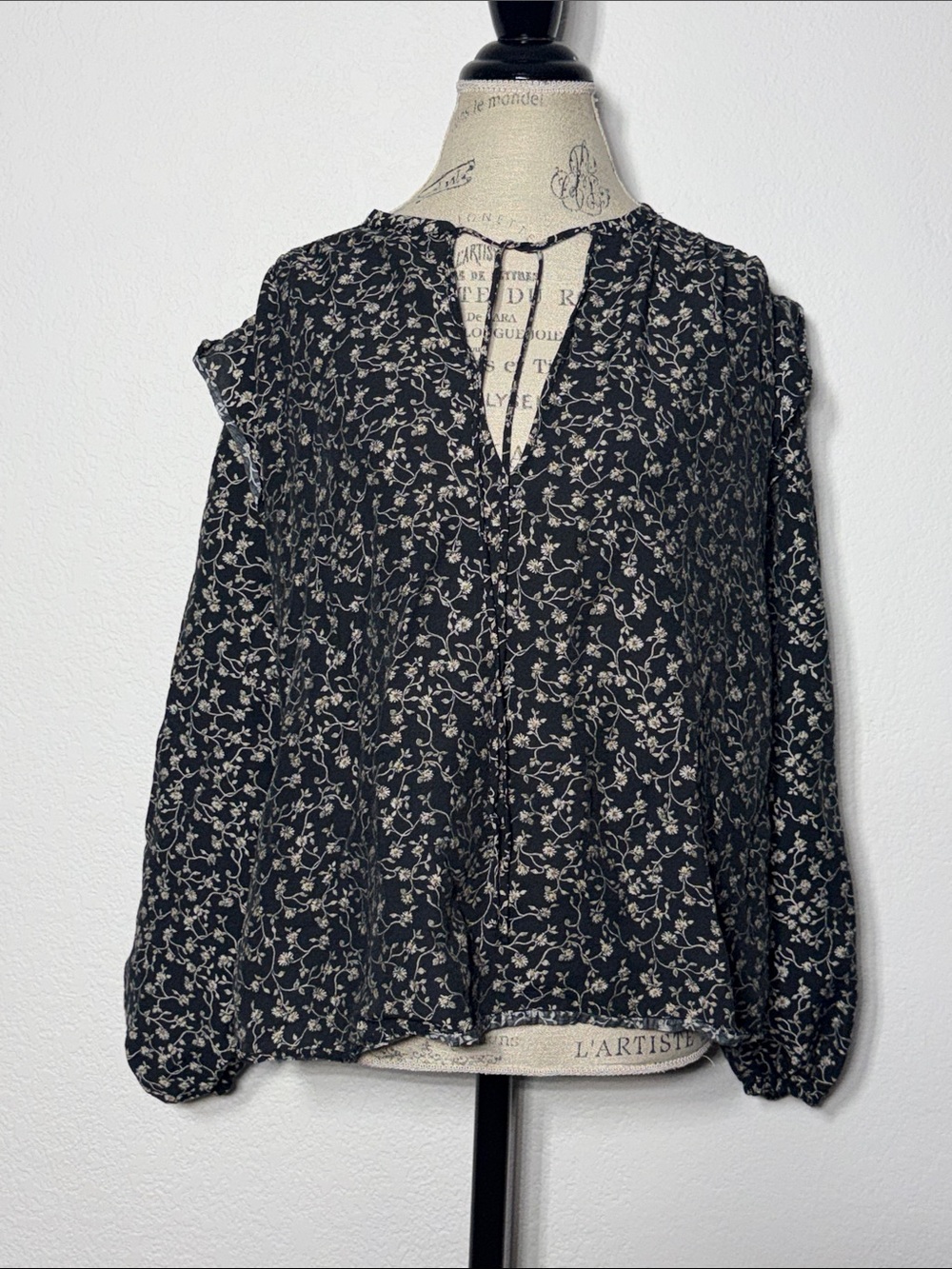 H&M Black Floral Peasant Blouse with Cream Print